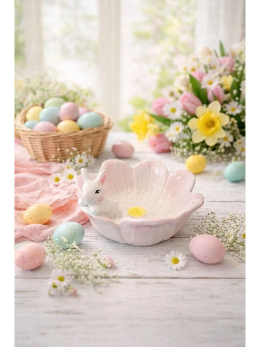 New Pink Easter Bunny Flower Shaped Serving Dish Bowl Decorative Spring Decor